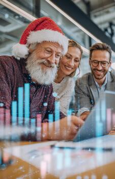 Fintech Santa team with double exposure data charts photo