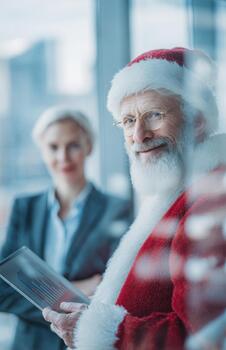 Santa CEO discussing tablet analytics with colleague photo