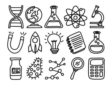 Simple hand-drawn science and education icon collection in outline style, perfect for school project, learning material, classroom design, and educational graphic vector
