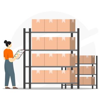 Illustration of a warehouse worker checking inventory on shelves filled with boxes, representing storage management, stock control, and logistics operations. vector