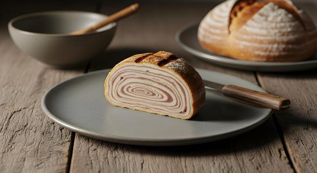 Artisan sourdough bread slice with spiral layers presented on a rustic wooden table display photo