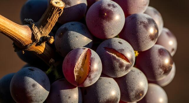 cerca arriba de Fresco maduro rojo uvas manojo con vino en otoño luz de sol foto