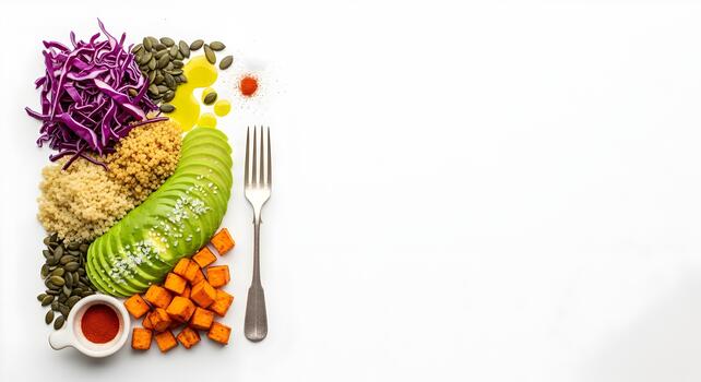 Colorful and Healthy Vegan Buddha Bowl on White Background with Copy Space for Text photo