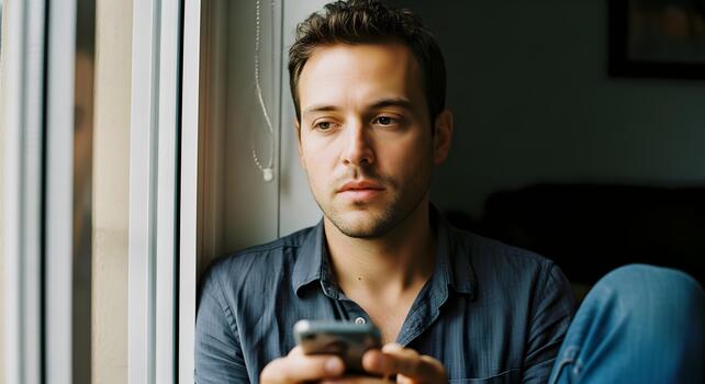 Contemplative Young Man Using Smartphone by the Window in a Modern Home Setting photo