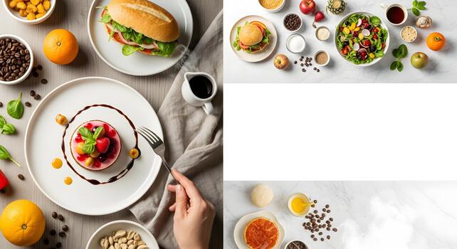 Delicious and Healthy Food Composition with Appetizing Dessert and Fresh Salad for Balanced Diet photo