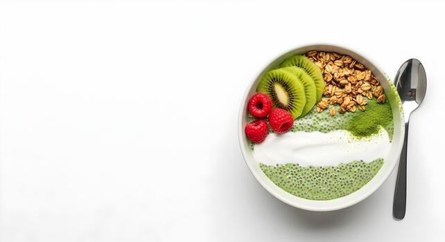 Delicious and Healthy Green Smoothie Bowl with Kiwi Raspberry and Granola Toppings on White Background photo