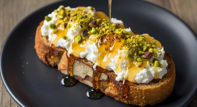 Delicious Ricotta Toast with Pistachios and Honey Drizzle on a Rustic Black Plate Perfect Breakfast photo