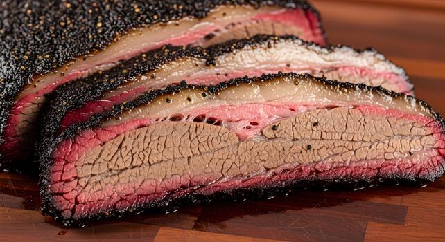 Delicious smoked beef brisket slices with rich bark and flavorful meat texture close up photo