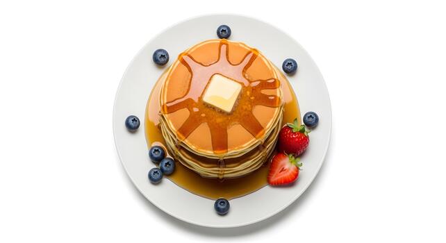 Delicious stack of pancakes with maple syrup butter blueberries and strawberries on white plate photo