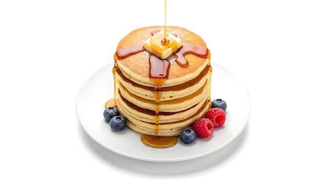Delicious Stack of Pancakes with Maple Syrup Butter and Fresh Berries on a White Background photo