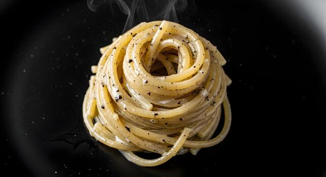 Delicious steaming cacio e pepe served in an elegant swirl on a dark background photo