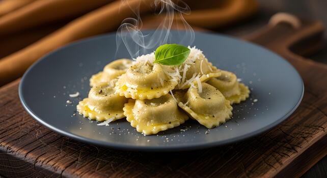Delicious Steaming Ravioli with Parmesan Cheese and Basil on a Rustic Plate Presentation photo