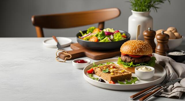 Delicious Vegan Meal Displayed on a Modern Table Setting a Perfect Healthy Lunch Choice photo