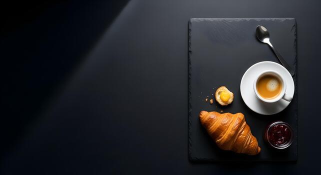 Elegant Breakfast Still Life with Croissant Espresso and Jam on Dark Background Minimalist Style photo