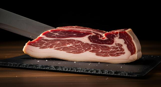 Dry Cured Iberian Ham Displayed on Slate with Knife Ready to Slice and Serve photo