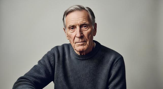 Elderly man portrait with contemplative expression wearing a sweater studio shot on grey background photo