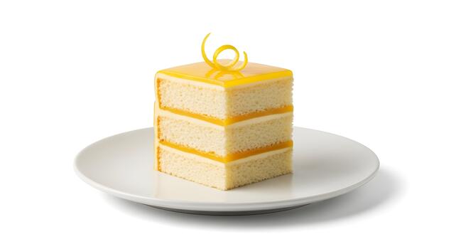 Elegant Individual Three Layer Lemon Cake Dessert Served on White Plate Isolated photo