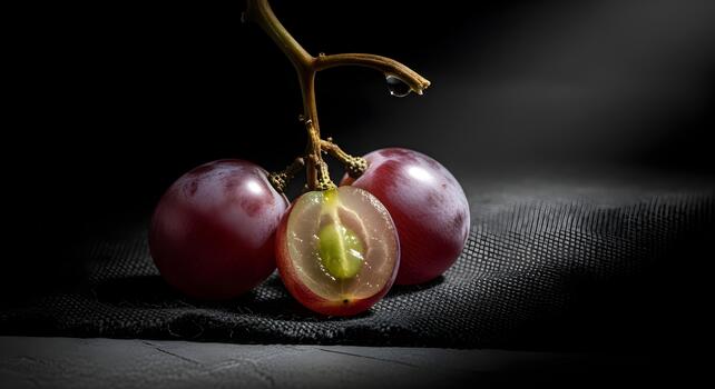 Elegant Still Life of Crimson Grapes with Droplet on Stem on Dark Background photo
