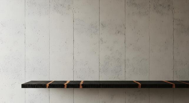 Empty dark wood shelf against a concrete style wall for product placement backdrop photo