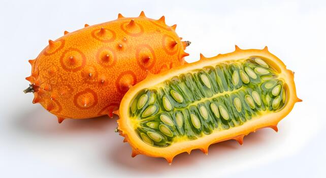 Exotic Kiwano Melon Displaying Vibrant Colors and Unique Textures on White Background photo