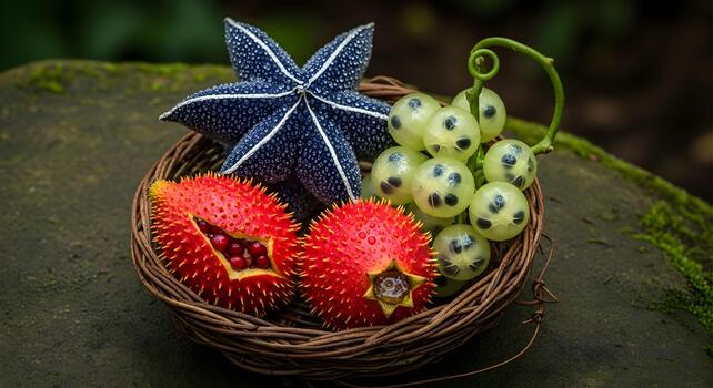 Exotic fruits arrangement in a wicker basket with vibrant colors and unique textures photo