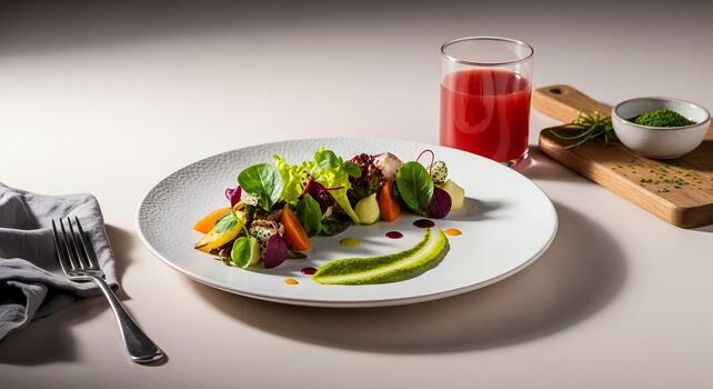 Exquisite fine dining presentation of a colorful salad with fresh juice and herbs photo