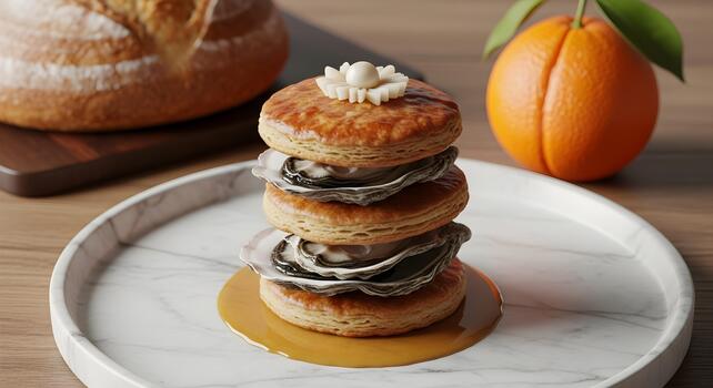 Exquisite oyster stack on pastry layers with elegant presentation for fine dining experience photo