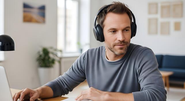 Focused Professional Working From Home with Headphones and Laptop in Bright Modern Setting photo