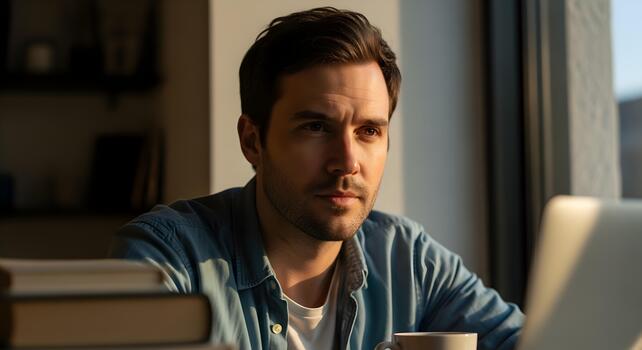 Focused Young Man Working from Home Using Laptop with Natural Light Streaming In photo
