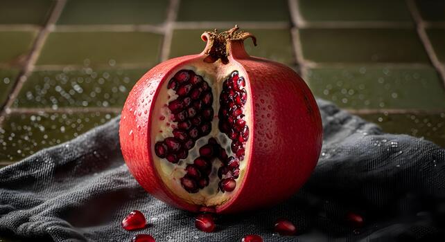 Fresh and Vibrant Pomegranate Fruit Displaying Juicy Seeds on Gray Cloth Backdrop photo