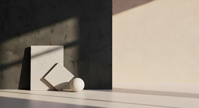 Geometric shapes with contrasting wall textures and sunlight creating dynamic shadow patterns ideal for art direction photo