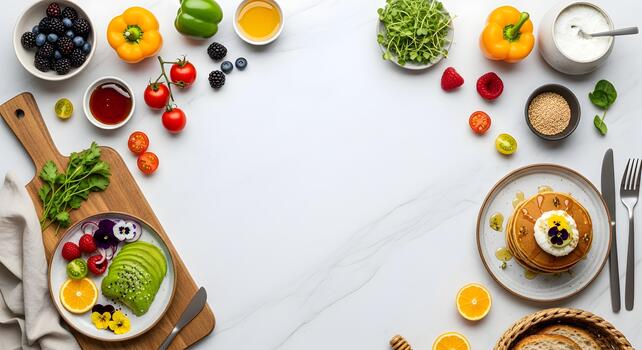 Healthy and Colorful Food Arrangement with Pancakes and Avocado Toast on White Marble Background photo
