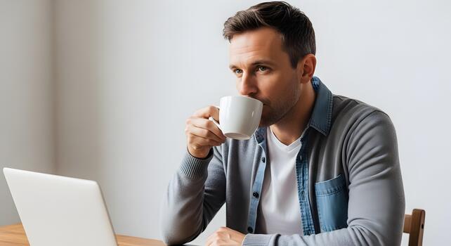 Man enjoying coffee while working from home on his laptop computer during the day photo