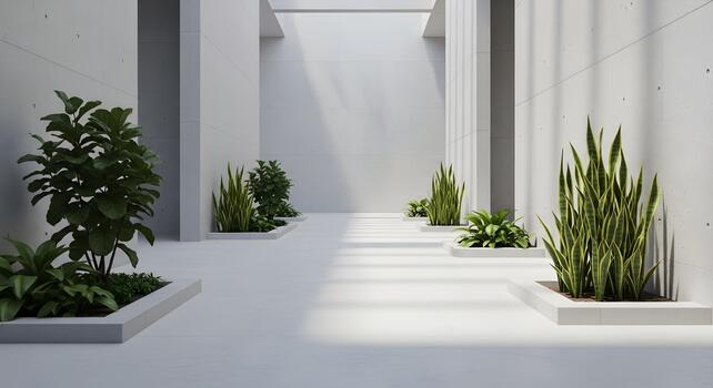Minimalist architectural design with indoor plants and white concrete structures creating a serene atmosphere photo