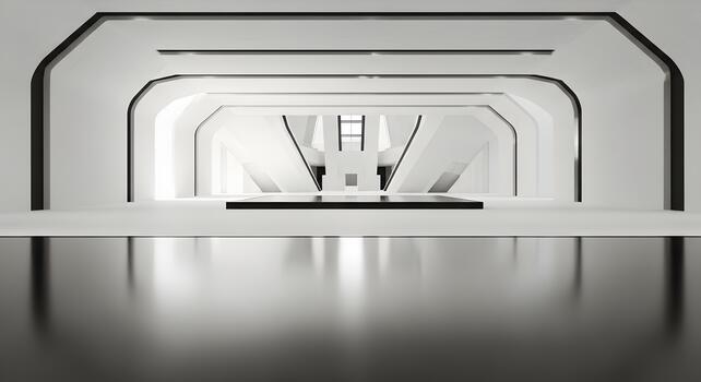 Modern White Interior with Geometric Design Hallway Featuring Reflective Floor and Futuristic Architecture photo