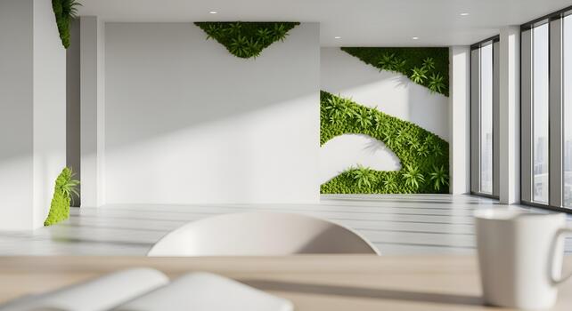 Modern office space design with green walls and sustainable architectural elements providing a natural and creative work environment photo