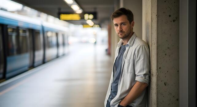 Pensive man standing near concrete pillar waiting for train on subway platform lost in thought photo