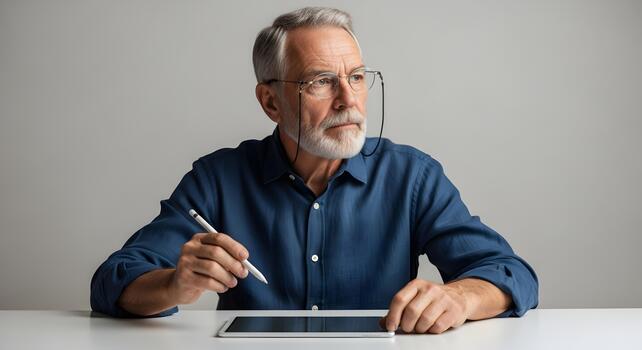 Senior man working on tablet with stylus pen at desk in a modern office photo