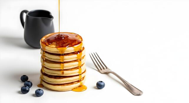 Stack of Pancakes Drizzled with Maple Syrup Served with Blueberries and a Fork ready for breakfast photo