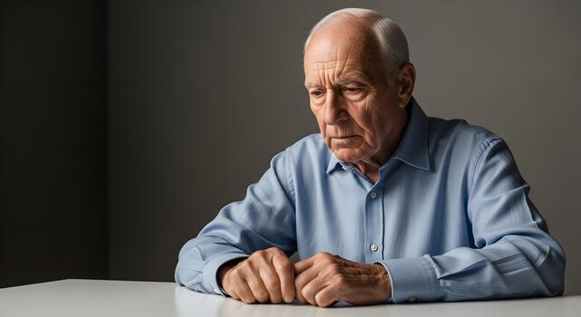 Thoughtful Elderly Man Sitting at Table Expressing Solitude and Reflection Portrait photo