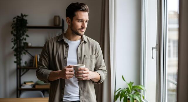 Thoughtful man drinking coffee looking out window at home deep in contemplation photo