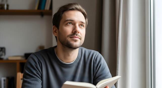 Thoughtful Young Man Reading a Book Looking Out the Window Contemplating Future Dreams photo