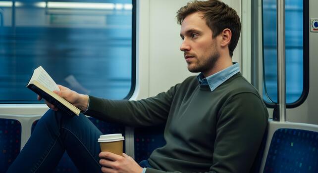 joven hombre leyendo libro en tren con café disfrutando conmutar ocio hora foto