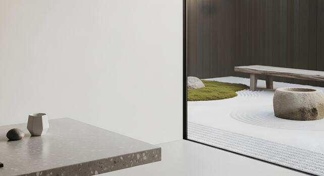 Zen garden inspired interior with minimalist design principles and natural elements creating a tranquil atmosphere photo