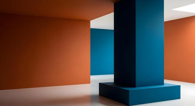 Abstract interior space featuring geometric shapes in blue and orange with modern architectural design and smooth surfaces photo
