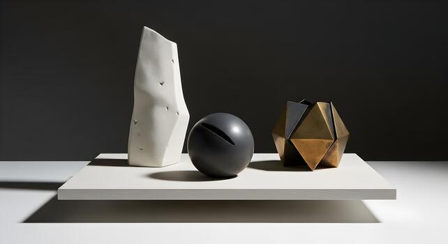 Abstract Still Life featuring Ceramic Sculpture Sphere and Metallic Geometric Object for Minimalist Decor photo