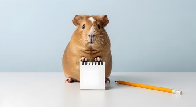 Adorable Guinea Pig Holding a Notepad Ready to Take Notes with a Pencil Beside it photo