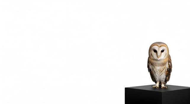 Beautiful barn owl perched on a black block with a clean white background photo