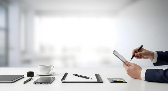 negocio persona escritura en bloc en oficina ajuste con profesional espacio de trabajo arreglo foto