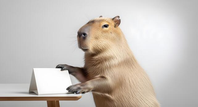 Capybara standing at a table looking at a blank white sign waiting for information photo
